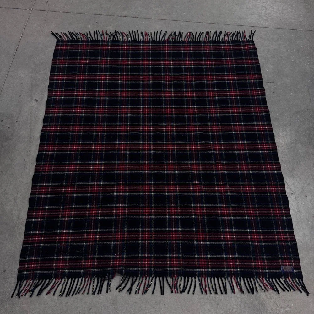 Vintage 1930s Pendleton Woolen Mills Plaid Blanket Navy Red 100% Virgin Wool